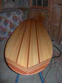 Nose view of wood surfbaord bar top